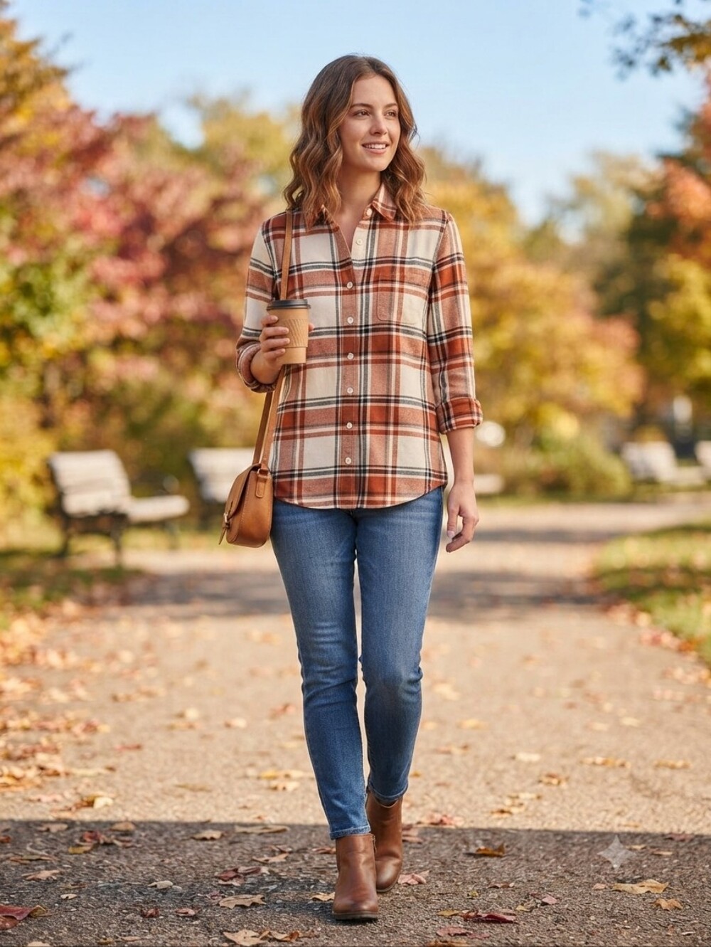 Weatherproof Plaid Button-Down Shirt - Rust and Cream